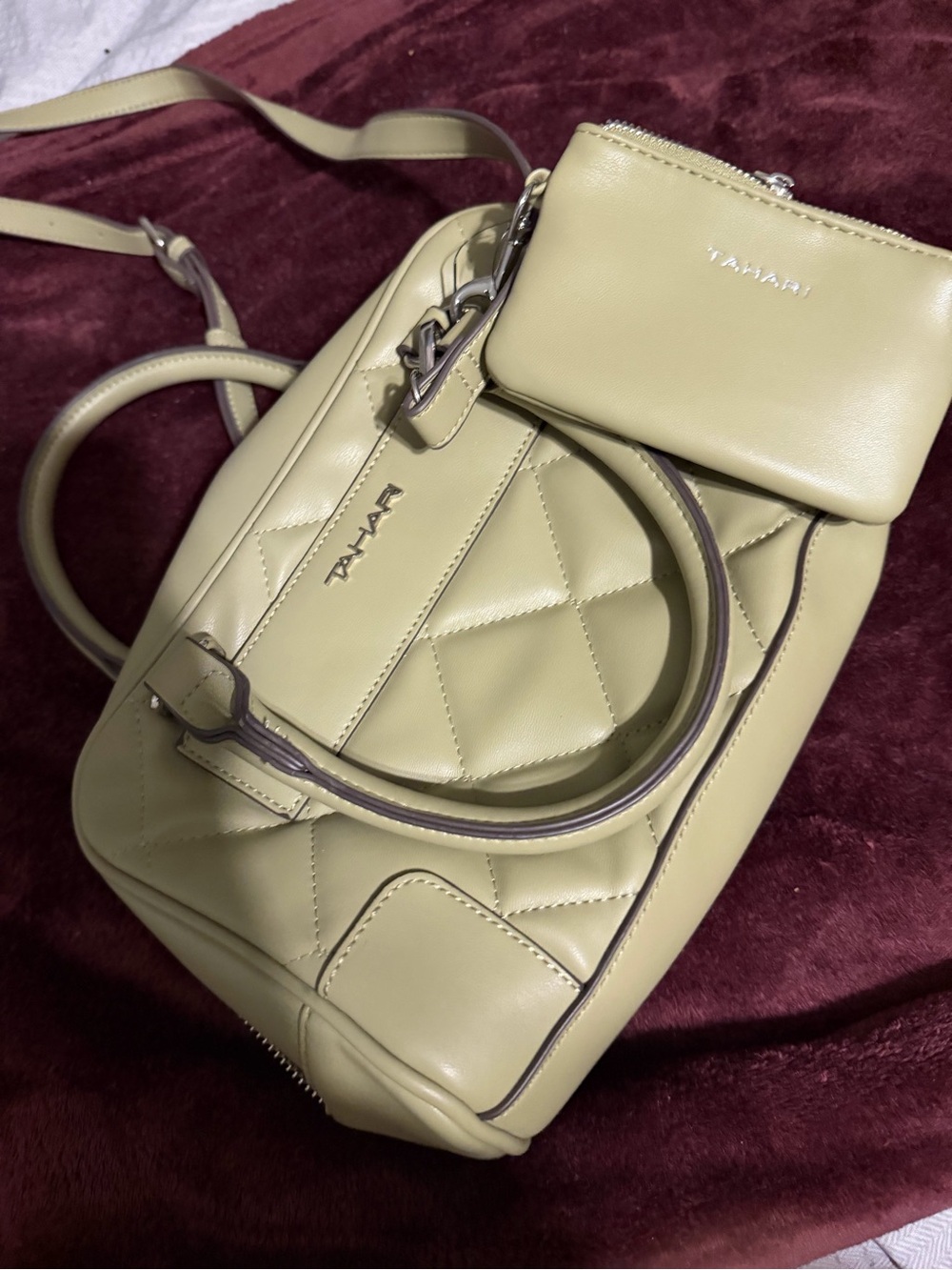 Tahari Light Olive Quilted Shoulder Bag with Coin Pouch